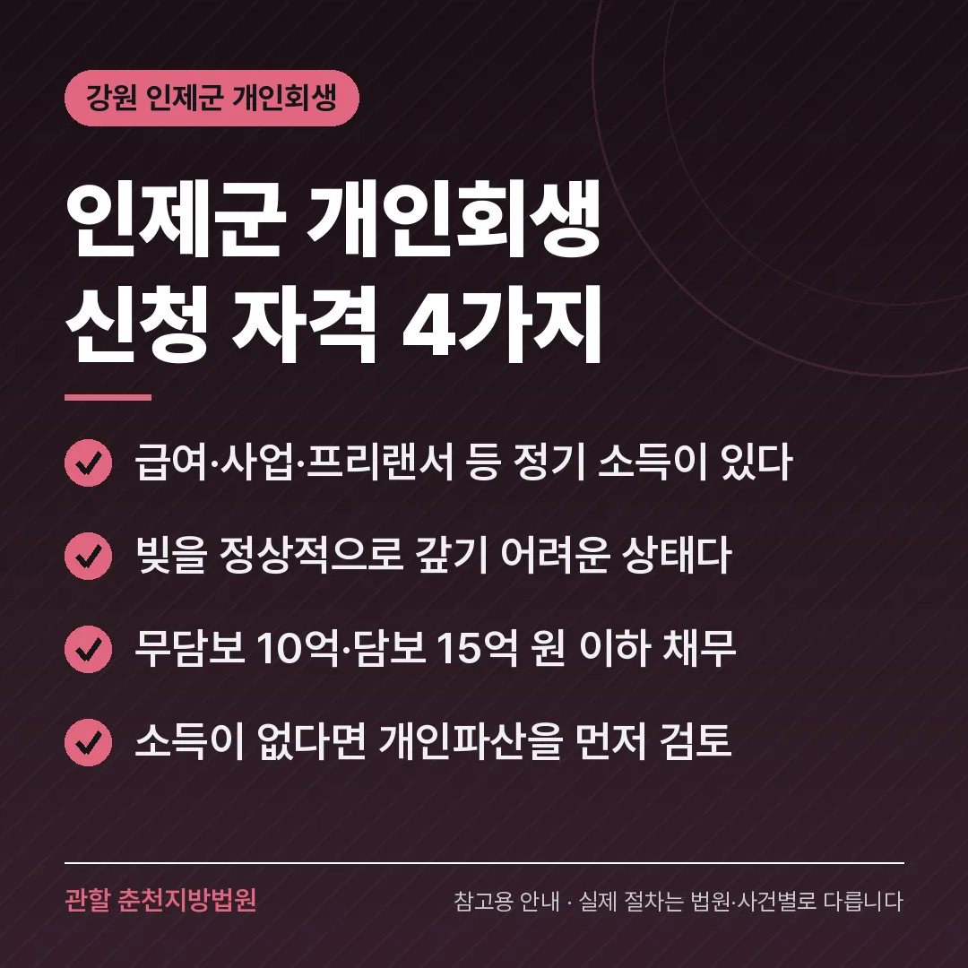 강원 인제군 개인회생 신청 자격 4가지 강원 인제군 개인회생 신청 자격 4가지